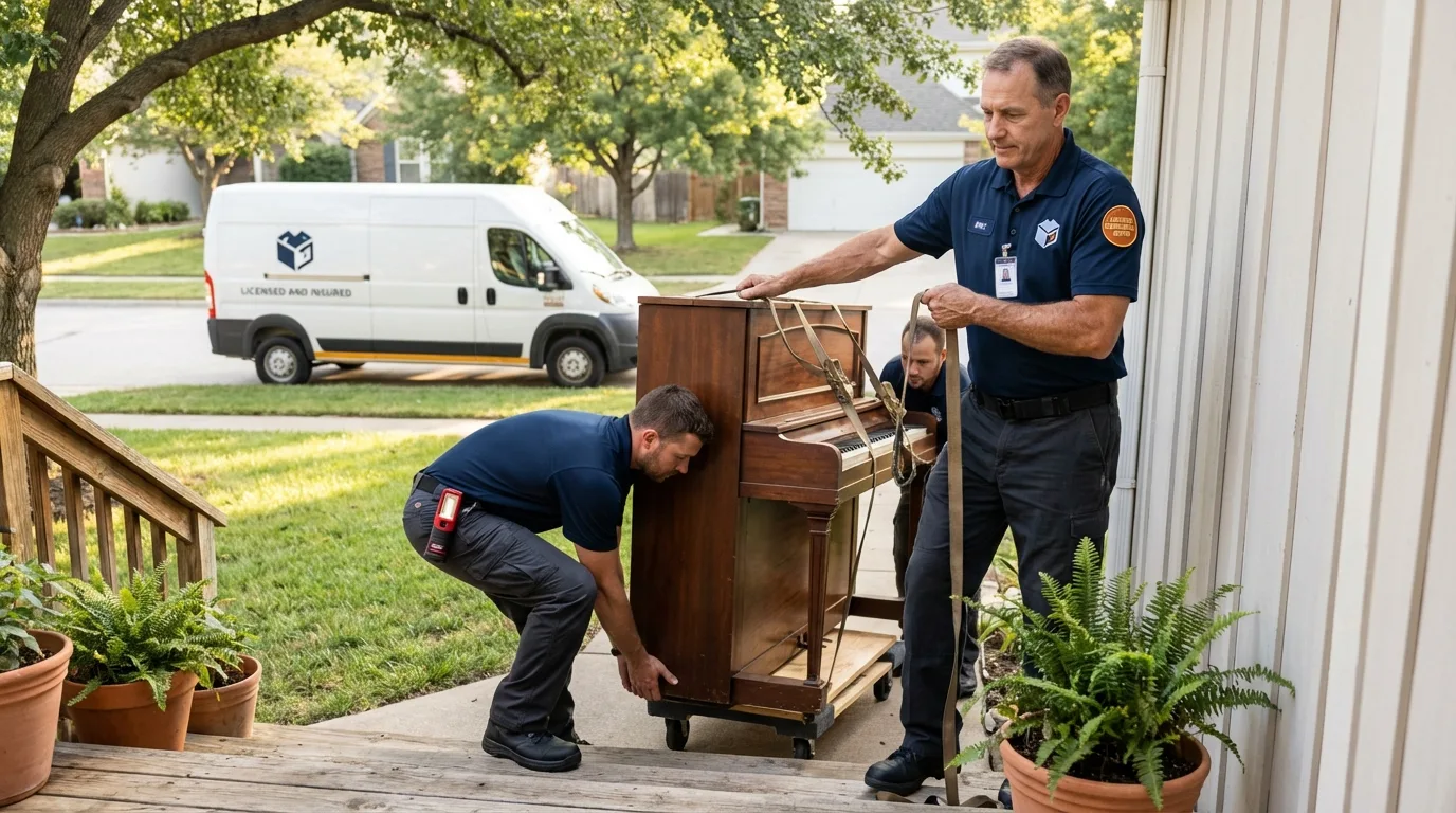 Licensed piano movers securing grand piano in Fall Branch, TN