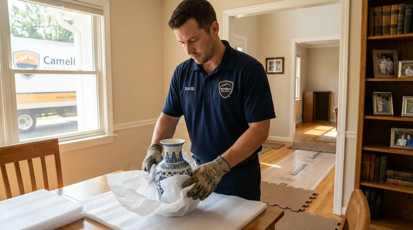 Professional crew carefully wrapping antique vase for senior downsizing move in Fall Branch, TN